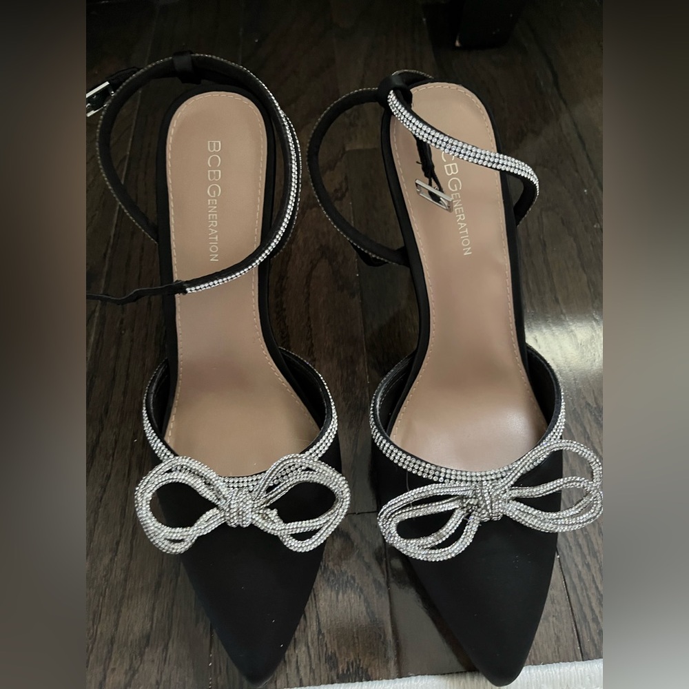 BCBG satin bow tie heels